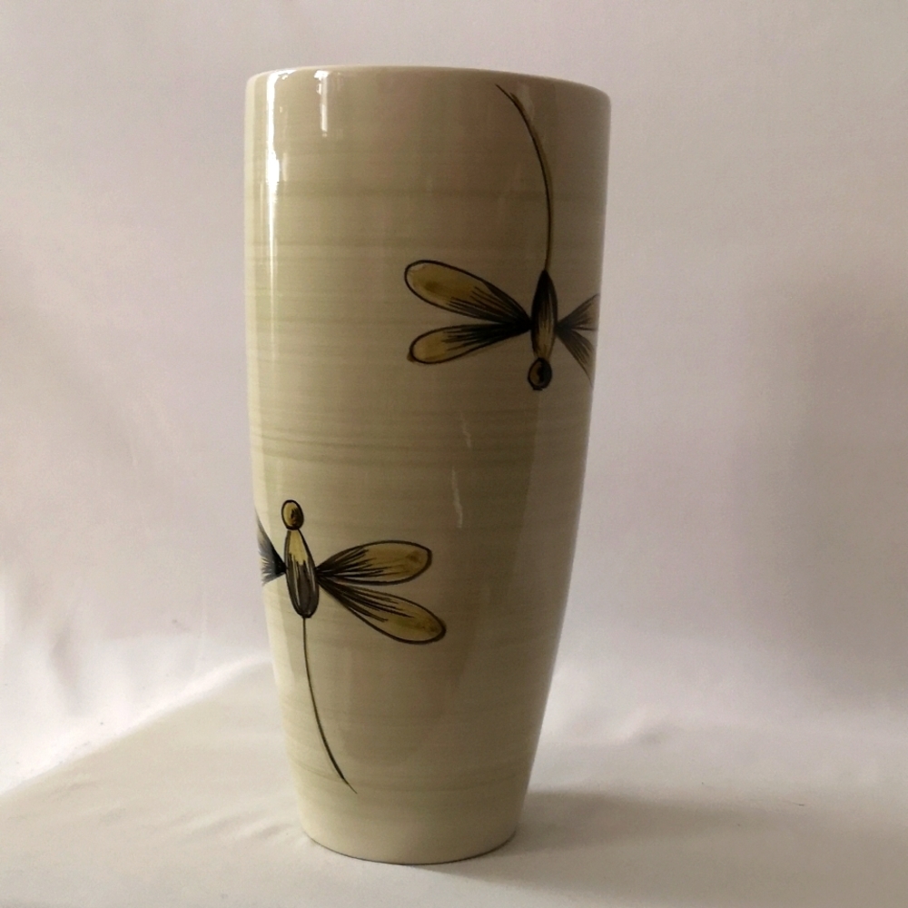 Large Faria & Bento Earthenware Hand-painted Dragonfly Vase, Made in Portugal